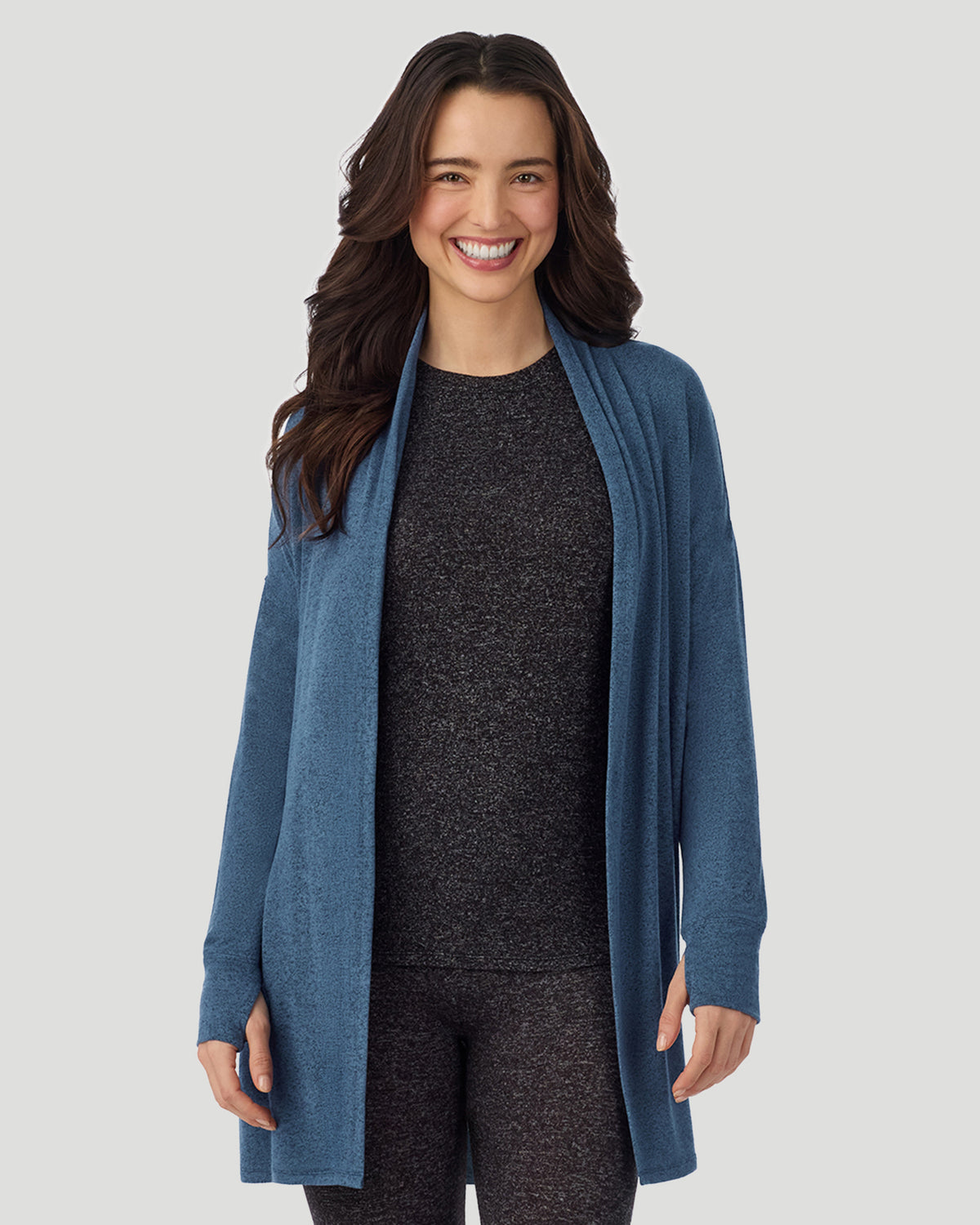  A lady wearing Deep Chambray SoftKnit Wrap in a front view closer look