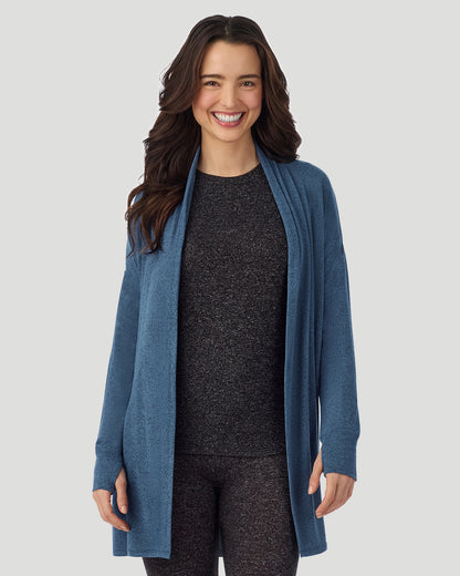 A lady wearing Deep Chambray SoftKnit Wrap in a front view closer look