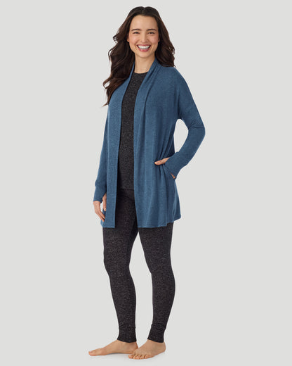  A lady wearing Deep Chambray SoftKnit Wrap in a front view standing pose