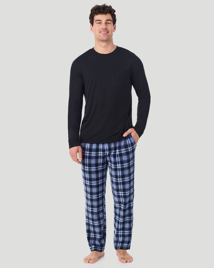 A Man is wearing Black/Blue Black Plaid Mens Cabin Fleece Long Sleeve Crew and Pajama Pant 2-Pc Set in a front view pose