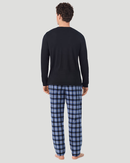 A Man is wearing Black/Blue Black Plaid Mens Cabin Fleece Long Sleeve Crew and Pajama Pant 2-Pc Set in a back view pose