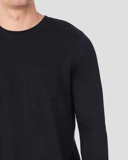 A Man is wearing Black/Blue Black Plaid Mens Cabin Fleece Long Sleeve Crew and Pajama Pant 2-Pc Set in a front view pose detail close up look of the shoulder area