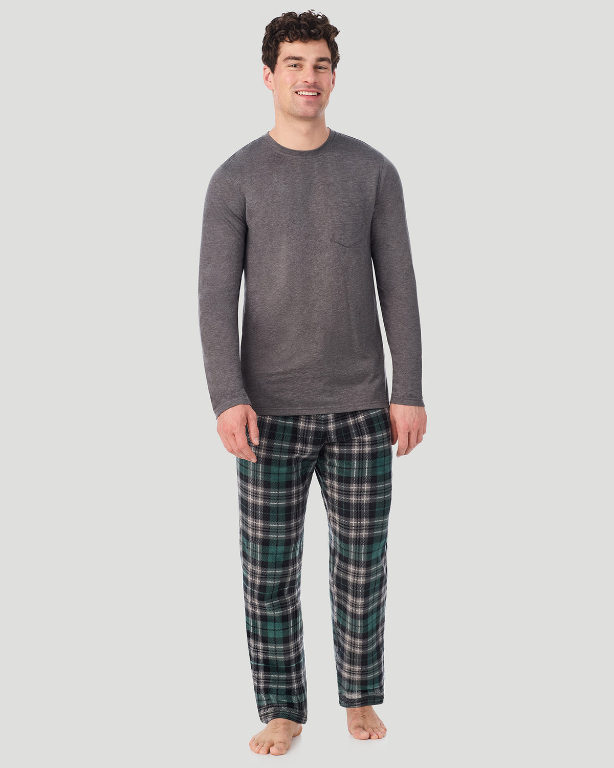 A Man is wearing Grey/Grey Black Plaid Mens Cabin Fleece Long Sleeve Crew and Pajama Pant 2-Pc Set in a front view pose
