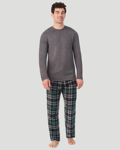 A Man is wearing Grey/Grey Black Plaid Mens Cabin Fleece Long Sleeve Crew and Pajama Pant 2-Pc Set in a front view pose