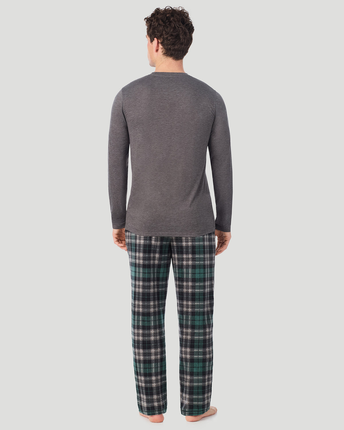 A Man is wearing Grey/Grey Black Plaid Mens Cabin Fleece Long Sleeve Crew and Pajama Pant 2-Pc Set in a back view pose