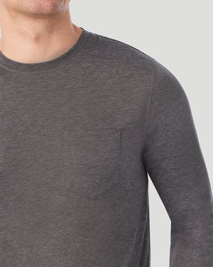 A Man is wearing Grey/Grey Black Plaid Mens Cabin Fleece Long Sleeve Crew and Pajama Pant 2-Pc Set in a front view pose detail close up look of the shoulder area