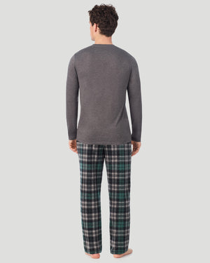 A Man is wearing Grey/Grey Black Plaid Mens Cabin Fleece Long Sleeve Crew and Pajama Pant 2-Pc Set in a back view pose