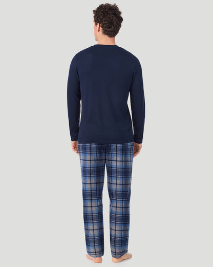 A Man is wearing Blue/Navy Grey Plaid Mens Cabin Fleece Long Sleeve Crew and Pajama Pant 2-Pc Set in a back view pose