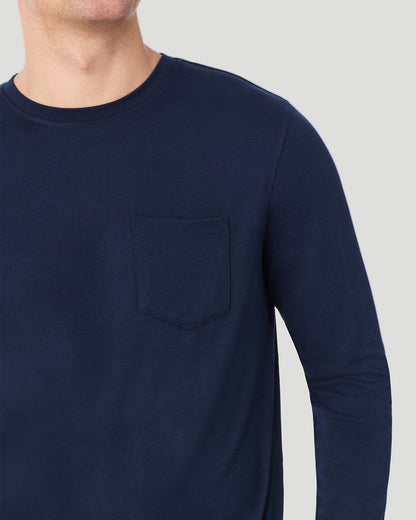 A Man is wearing Blue/Navy Grey Plaid Mens Cabin Fleece Long Sleeve Crew and Pajama Pant 2-Pc Set in a front detail close up view of the shoulder area