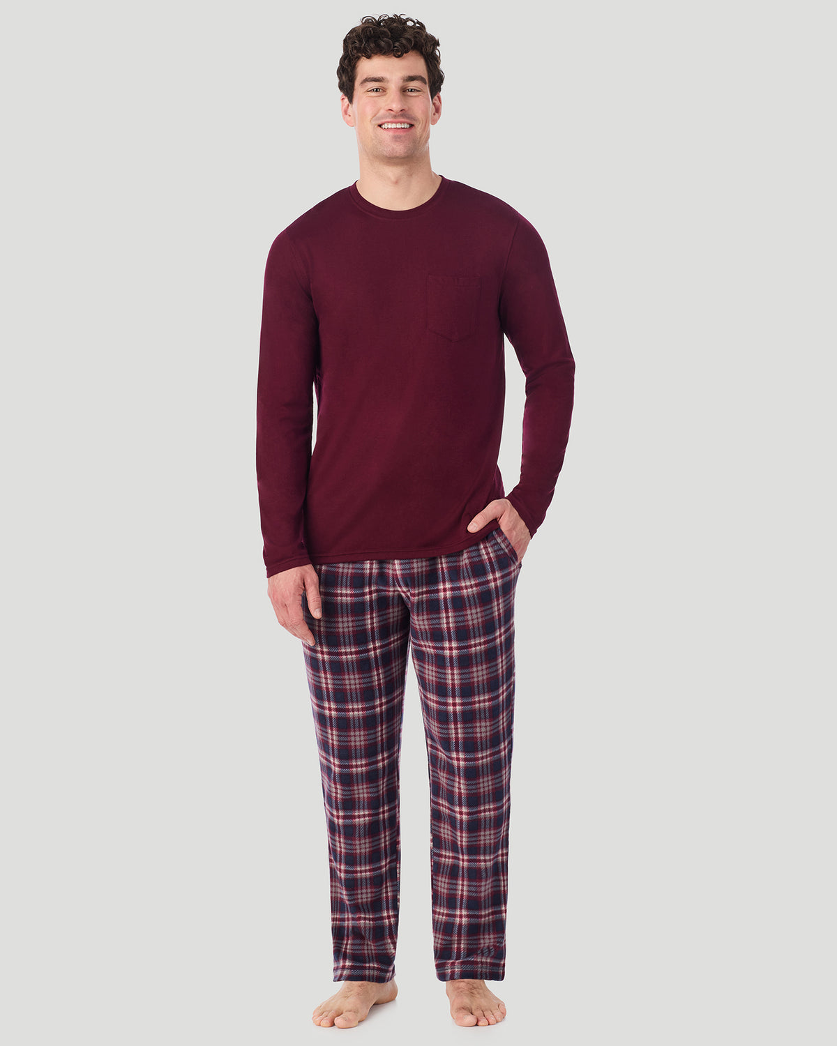 Red/Red Navy Plaid; Model is wearing a size M. He is 6’2”, Waist is 32”, Inseam 32”. @A Man is wearing Red/Red Navy Plaid Mens Cabin Fleece Long Sleeve Crew and Pajama Pant 2-Pc Set in a front view standing pose