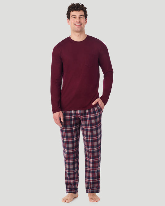 A Man is wearing Red/Red Navy Plaid Mens Cabin Fleece Long Sleeve Crew and Pajama Pant 2-Pc Set in a front view standing pose