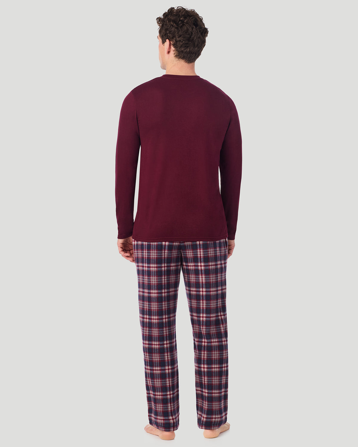 Red/Red Navy Plaid; Model is wearing a size M. He is 6’2”, Waist is 32”, Inseam 32”. @A Man is wearing Red/Red Navy Plaid Mens Cabin Fleece Long Sleeve Crew and Pajama Pant 2-Pc Set in a back view standing pose