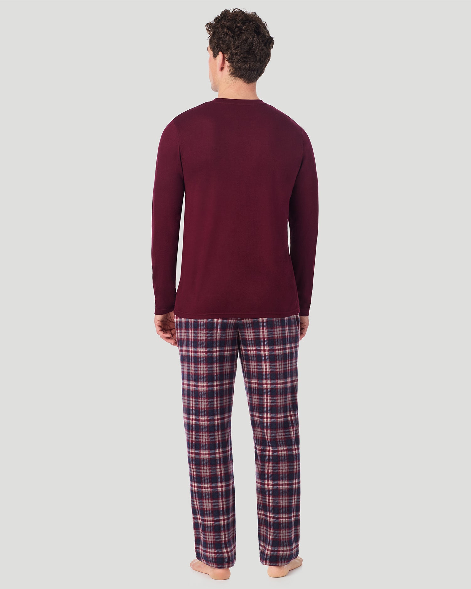 Red/Red Navy Plaid; Model is wearing a size M. He is 6’2”, Waist is 32”, Inseam 32”. @A Man is wearing Red/Red Navy Plaid Mens Cabin Fleece Long Sleeve Crew and Pajama Pant 2-Pc Set in a front view standing pose