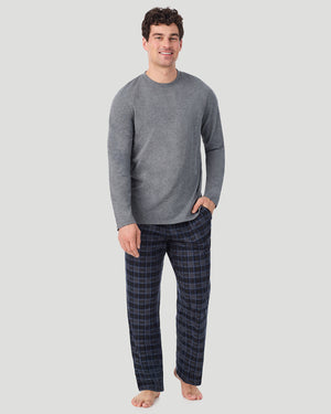 A Man is wearing Grey/Grey Multi Plaid Mens Cozy Lodge Long Sleeve Crew and Pajama Pant 2-Pc Set in a front view standing pose