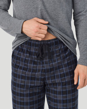 A Man is wearing Grey/Grey Multi Plaid Mens Cozy Lodge Long Sleeve Crew and Pajama Pant 2-Pc Set in a front view detail close up look