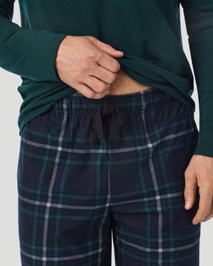 A Man is wearing Green/Green Navy Plaid Mens Cozy Lodge Long Sleeve Crew and Pajama Pant 2-Pc Set in a front view detail close up look