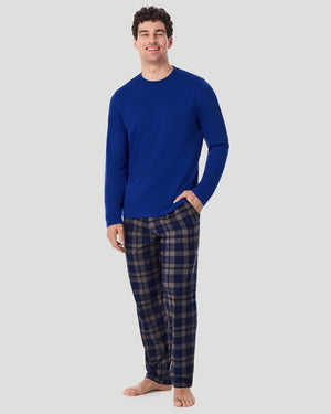 A Man is wearing Blue/Blue Check Mens Cozy Lodge Long Sleeve Crew and Pajama Pant 2-Pc Set in a front view standing pose