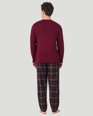 A Man is wearing Red/Red Black Plaid Mens Cozy Lodge Long Sleeve Crew and Pajama Pant 2-Pc Set in a back view standing pose