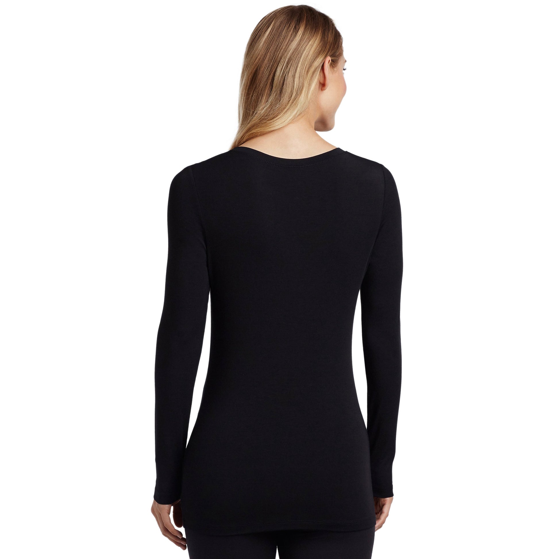 A lady wearing a black long sleeve stretch V-neck t-shirt.