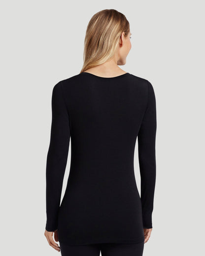 A lady wearing Softwear With Stretch Long Sleeve V-Neck in Black back view back view