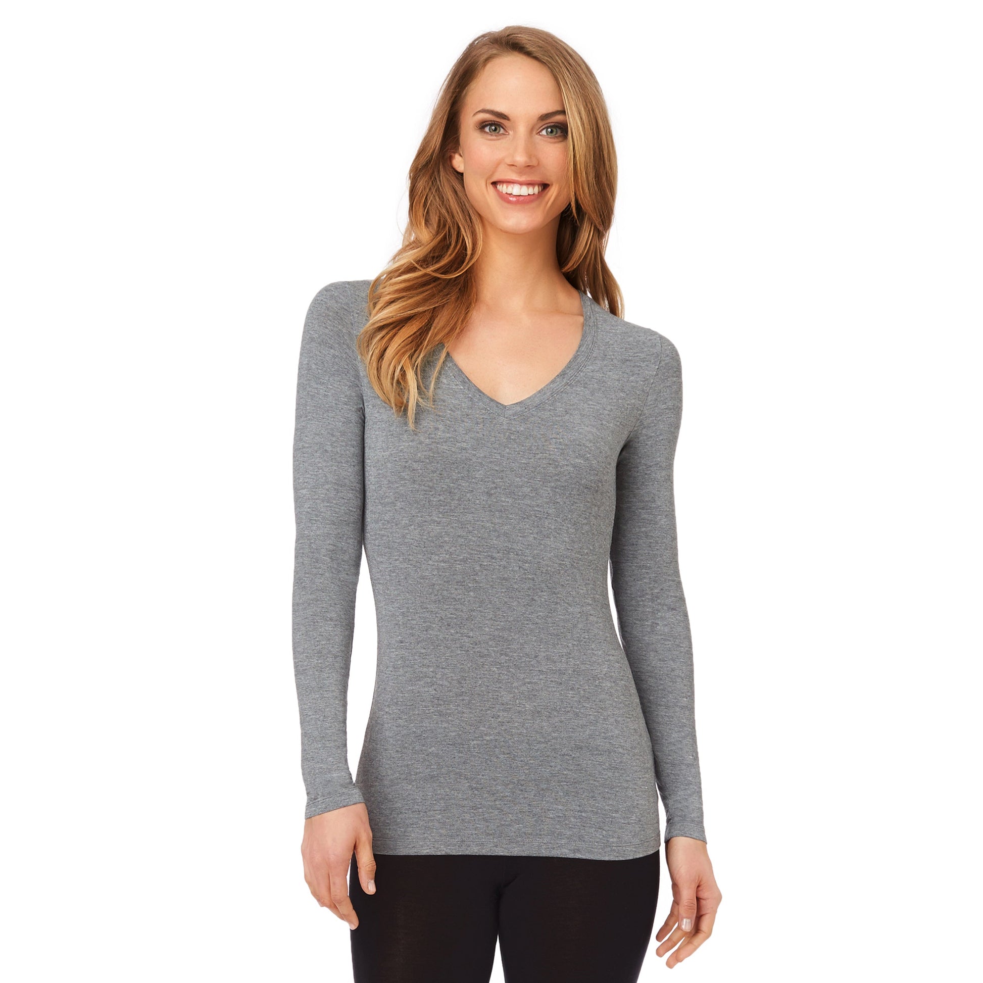 A lady wearing a charcoal heather long sleeve stretch V-neck t-shirt.