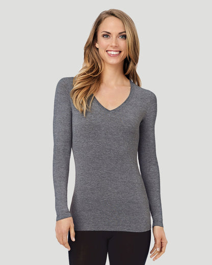 A lady wearing Softwear With Stretch Long Sleeve V-Neck in Charcoal Heather  