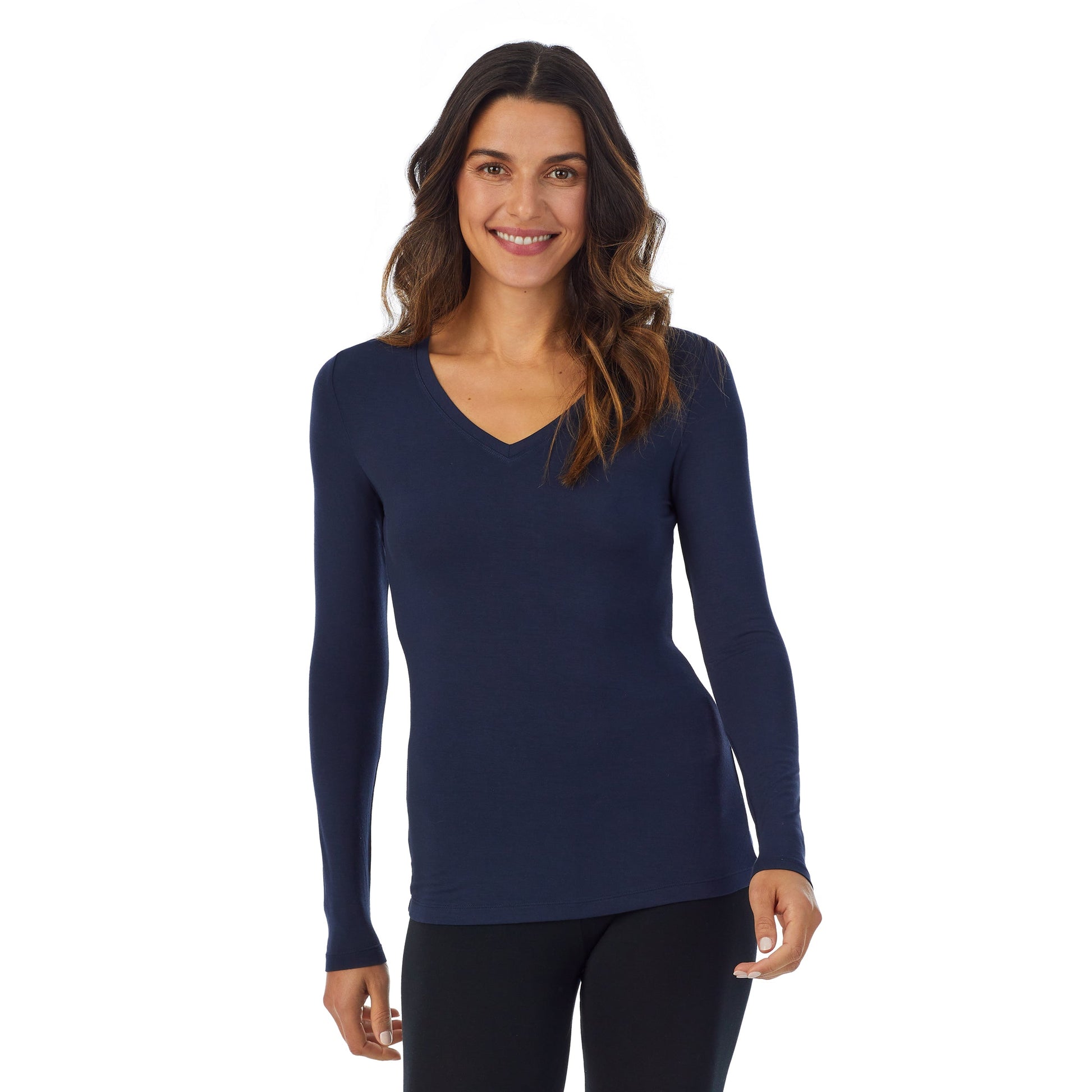 A lady wearing navy blazer long sleeve v-neck softwer with stretch top.