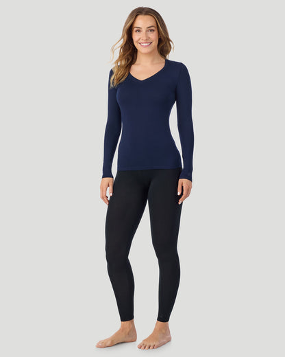 A lady wearing Softwear With Stretch Long Sleeve V-Neck in Navy Blazer side view side view