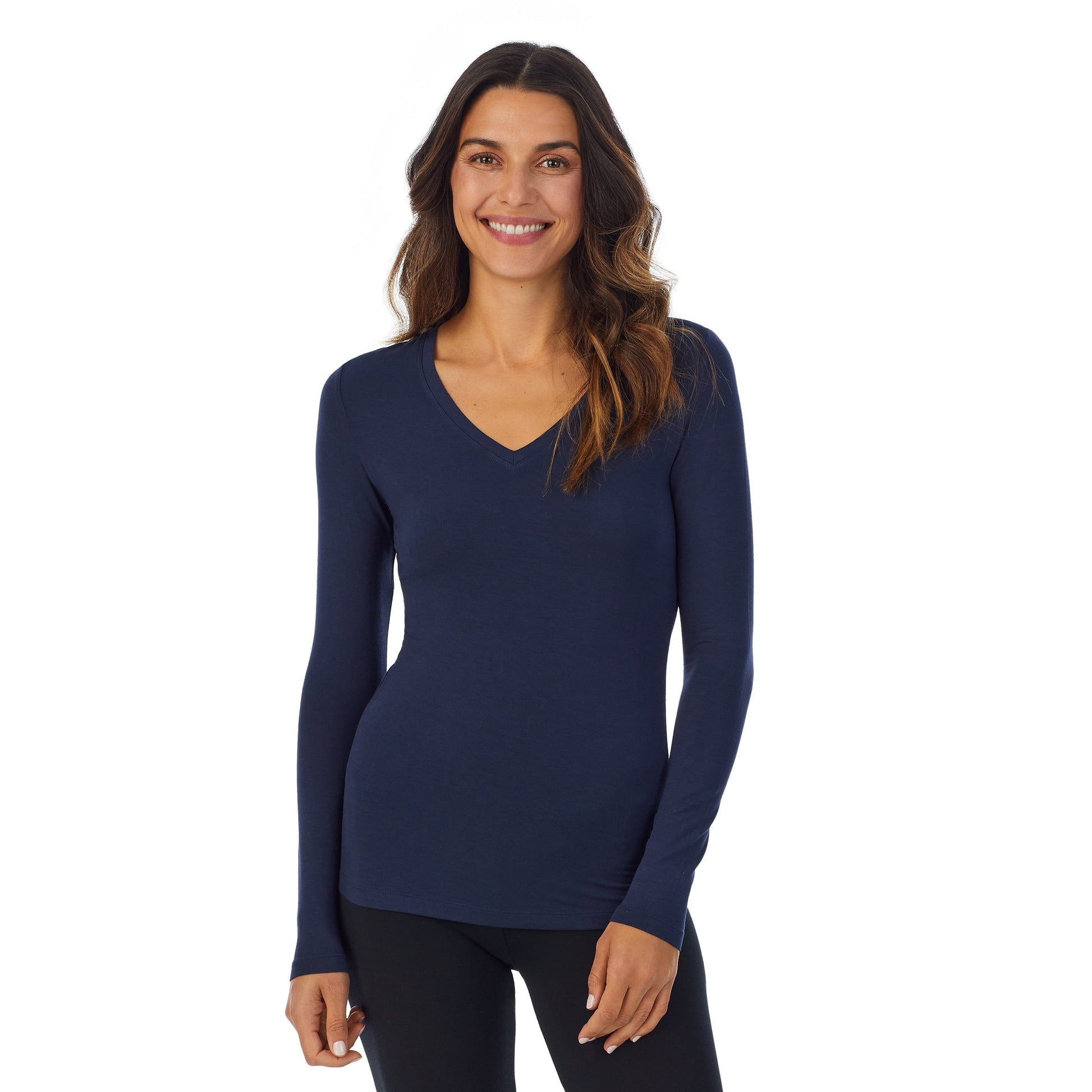 A lady wearing navy blazer long sleeve v-neck softwer with stretch top.