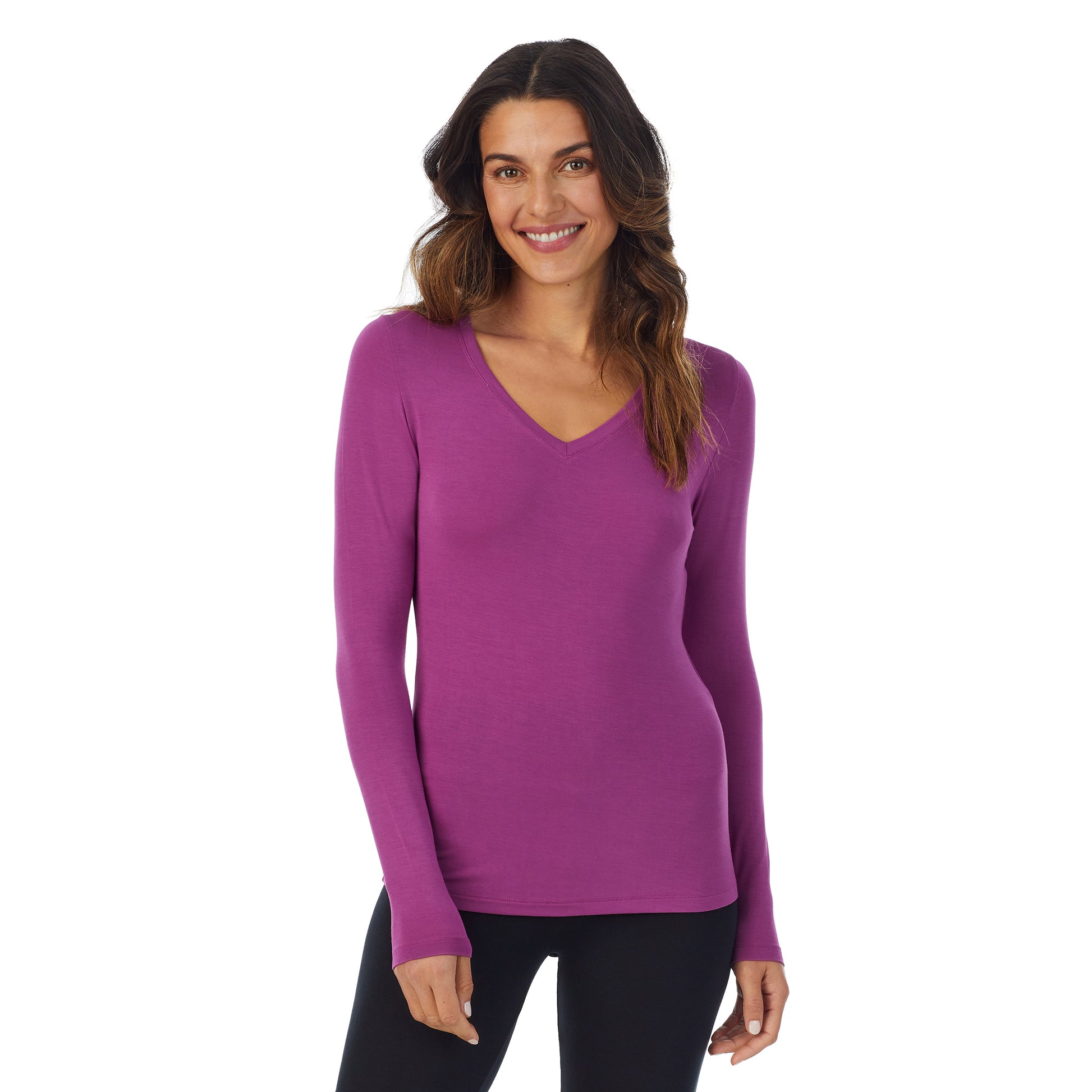 Purple Radiance; Model is wearing size S. She is 5’9”, Bust 34”, Waist 25.5”, Hips 36.5”.@A lady wearing purple radiance long sleeve v-neck softwer with stretch top.