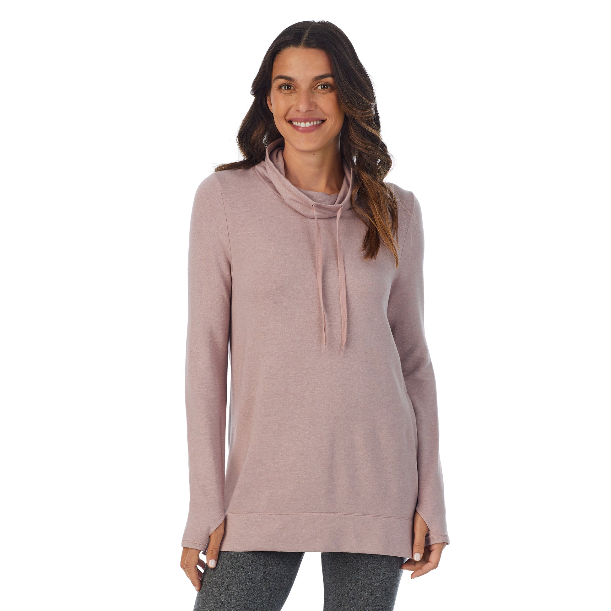 Mauve Shadow Heather;Model is wearing size S. She is 5’9”, Bust 34”, Waist 25.5”, Hips 36.5”.@A lady wearing mauve shadow heather Ultra Cozy Long Sleeve Cowl Neck Tunic