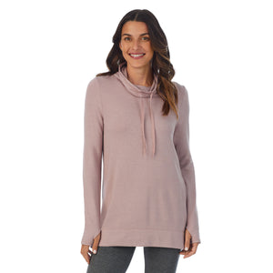 A lady wearing mauve shadow heather Ultra Cozy Long Sleeve Cowl Neck Tunic