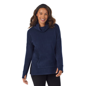 A lady wearing Fleecewear With Stretch Long Sleeve Tunic in Navy Blazer  