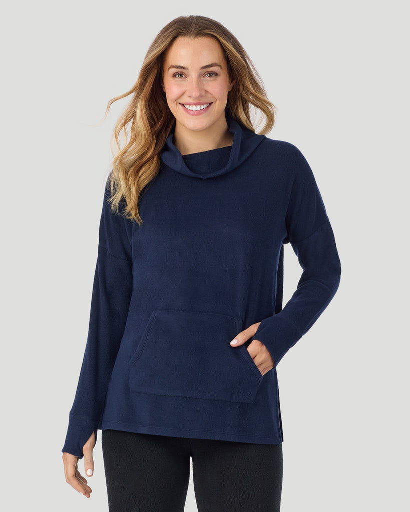 A lady wearing Fleecewear With Stretch Long Sleeve Tunic in Navy Blazer side view side view