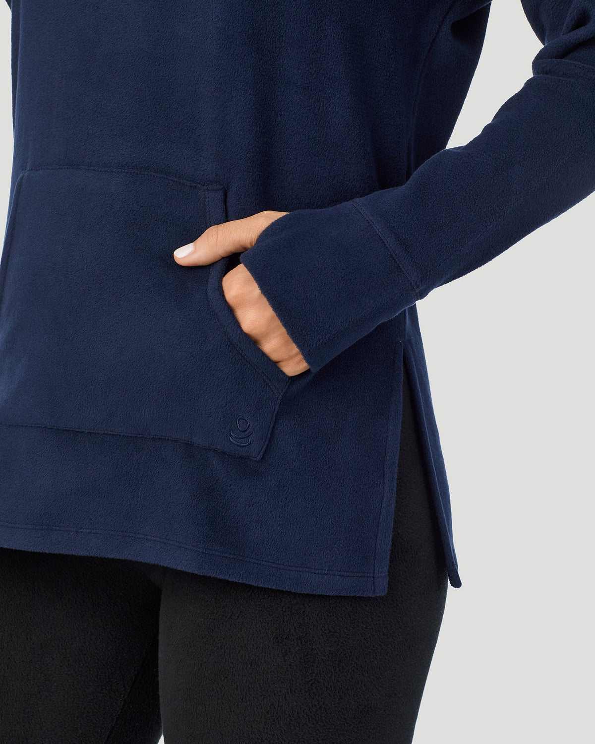 A lady wearing Fleecewear With Stretch Long Sleeve Tunic in Navy Blazer close up close up