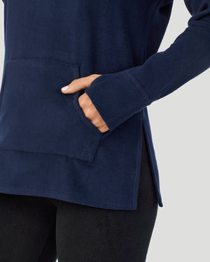 A lady wearing Fleecewear With Stretch Long Sleeve Tunic in Navy Blazer close up close up