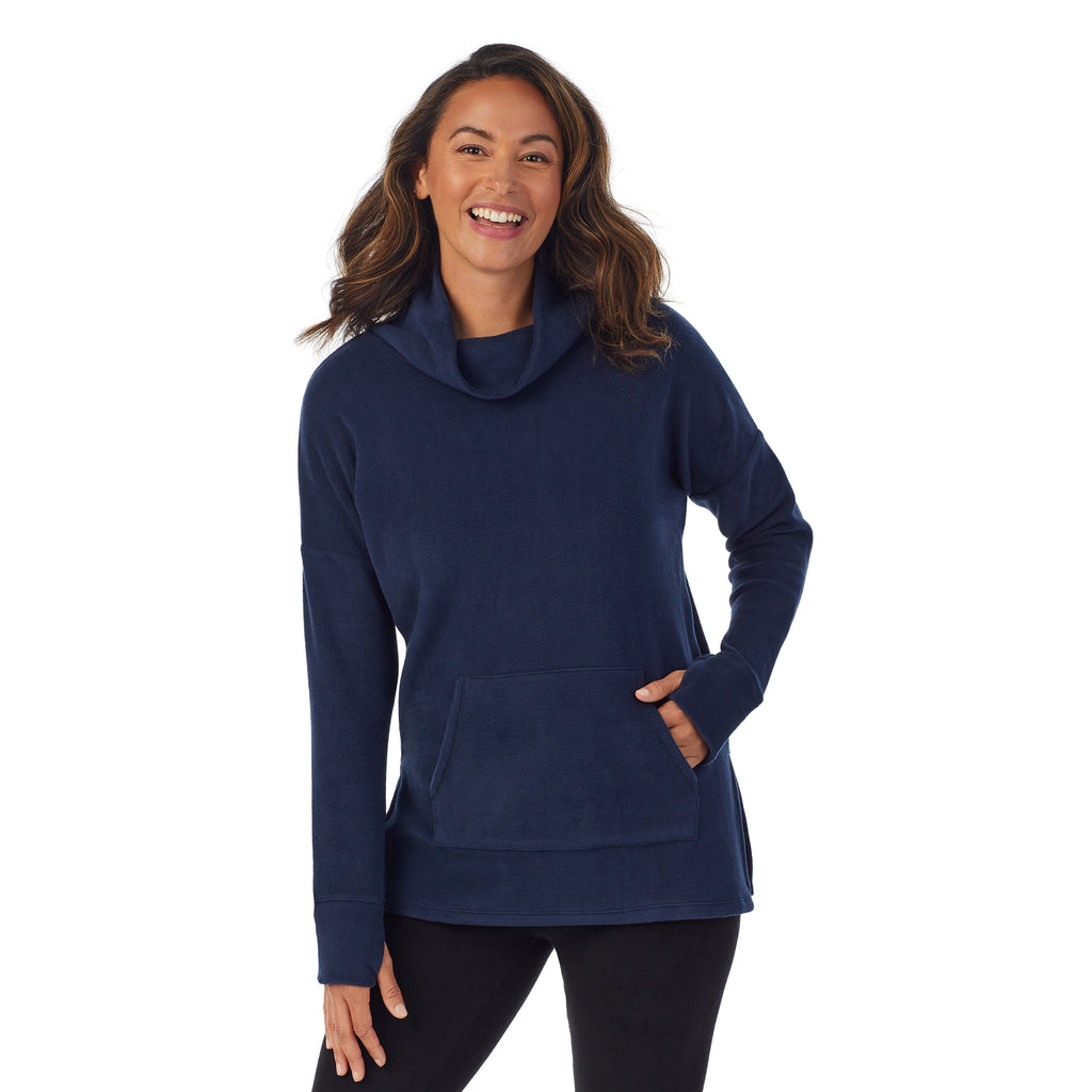 A lady wearing Fleecewear With Stretch Long Sleeve Tunic in Navy Blazer back view back view