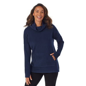 A lady wearing Fleecewear With Stretch Long Sleeve Tunic in Navy Blazer back view back view