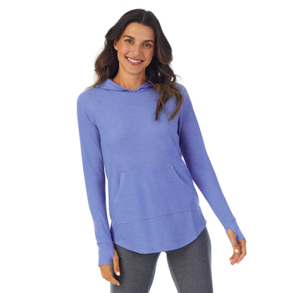 Ultramarine Heather; Model is wearing size S. She is 5’9”, Bust 34”, Waist 25.5”, Hips 36.5”. @A lady wearing a Ultramarine Heatherlong sleeve hoodie tunic.