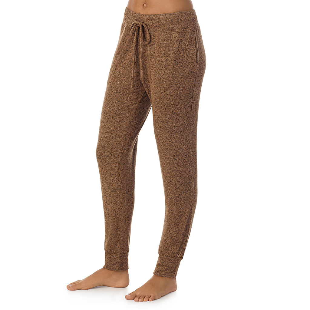 Marled Pecan; Model is wearing size S. She is 5’9”, Bust 34”, Waist 23”, Hips 35”@ A Lady is wearing Marled Pecan Soft Knit Jogger