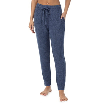 Marled Smoke Blue; Model is wearing size S. She is 5’9”, Bust 34”, Waist 23”, Hips 35”@ A Lady is wearing Marled Smoke Blue Soft Knit Jogger