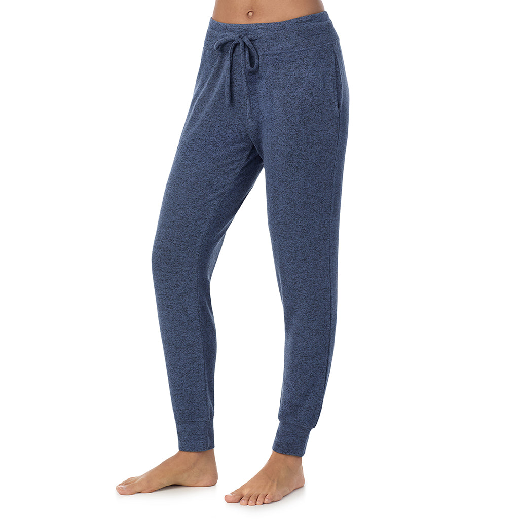 Marled Smoke Blue; Model is wearing size S. She is 5’9”, Bust 34”, Waist 23”, Hips 35”@ A Lady is wearing Marled Smoke Blue Soft Knit Jogger