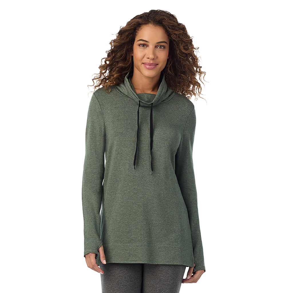 Soft Olive Heather; Model is wearing size S. She is 5’9”, Bust 34”, Waist 23”, Hips 35”@ A Lady is wearing a Soft Olive Heather Ultra Cozy Long Sleeve Cowl Neck Tunic