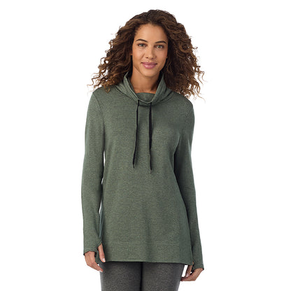 Soft Olive Heather; Model is wearing size S. She is 5’9”, Bust 34”, Waist 23”, Hips 35”@ A Lady is wearing a Soft Olive Heather Ultra Cozy Long Sleeve Cowl Neck Tunic