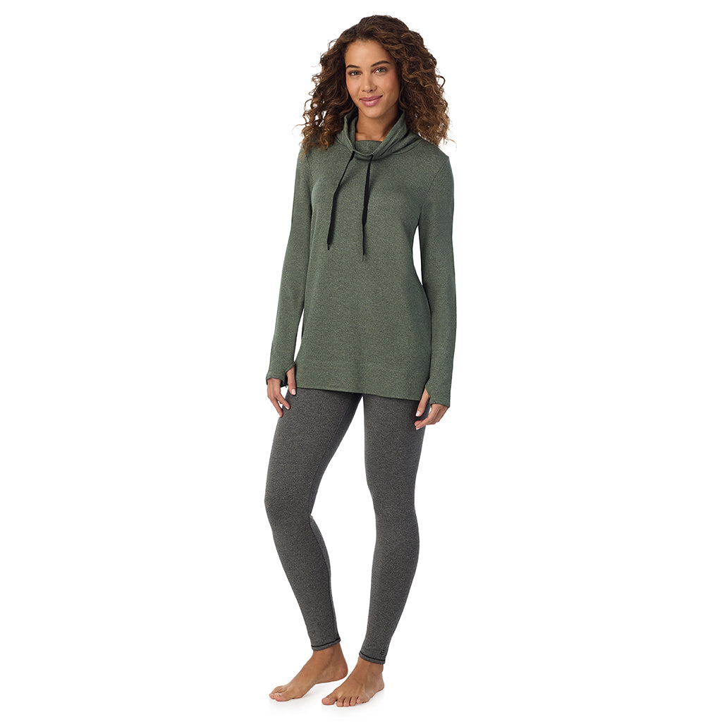 Soft Olive Heather; Model is wearing size S. She is 5’9”, Bust 34”, Waist 23”, Hips 35”@ A Lady is wearing a Soft Olive Heather Ultra Cozy Long Sleeve Cowl Neck Tunic