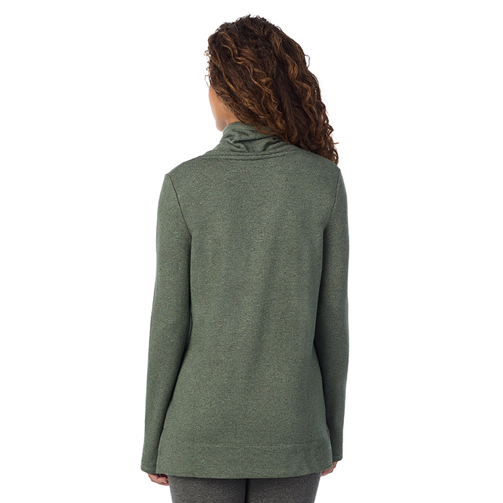 Soft Olive Heather; Model is wearing size S. She is 5’9”, Bust 34”, Waist 23”, Hips 35”@ A Lady is wearing a Soft Olive Heather Ultra Cozy Long Sleeve Cowl Neck Tunic