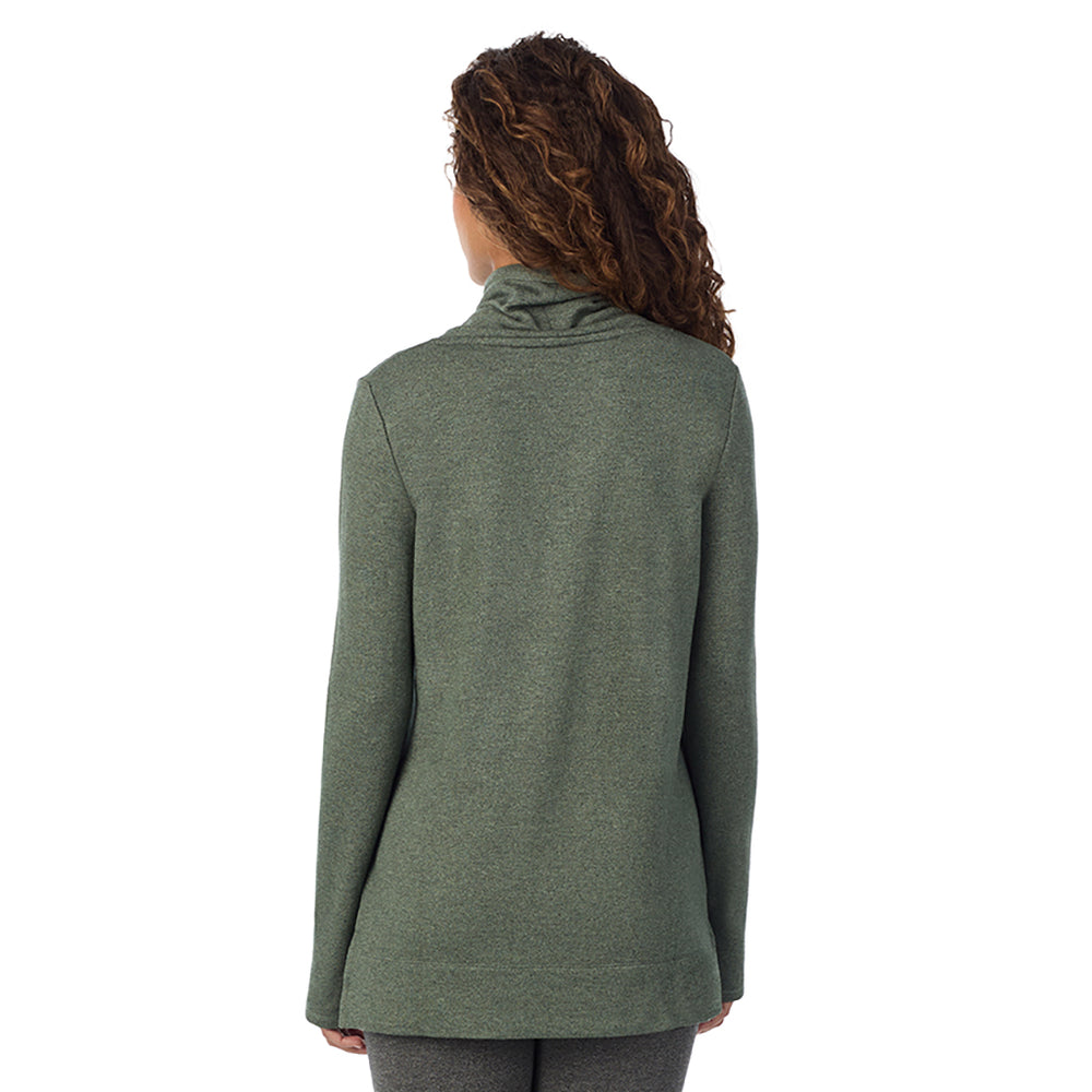 A Lady is wearing a Soft Olive Heather Ultra Cozy Long Sleeve Cowl Neck Tunic