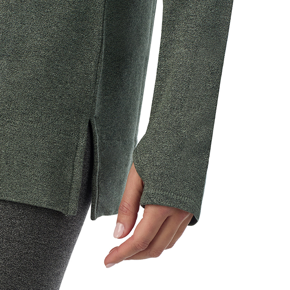 A Lady is wearing a Soft Olive Heather Ultra Cozy Long Sleeve Cowl Neck Tunic