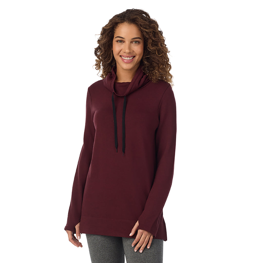  A Lady is wearing a Cabernet Heather Ultra Cozy Long Sleeve Cowl Neck Tunic