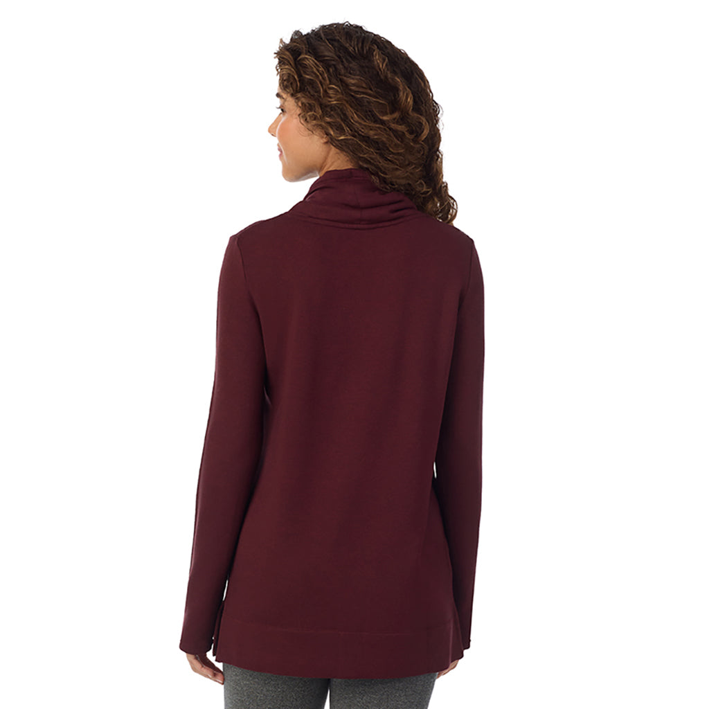 Cabernet Heather; Model is wearing size S. She is 5’9”, Bust 34”, Waist 23”, Hips 35”@ A Lady is wearing a Cabernet Heather Ultra Cozy Long Sleeve Cowl Neck Tunic